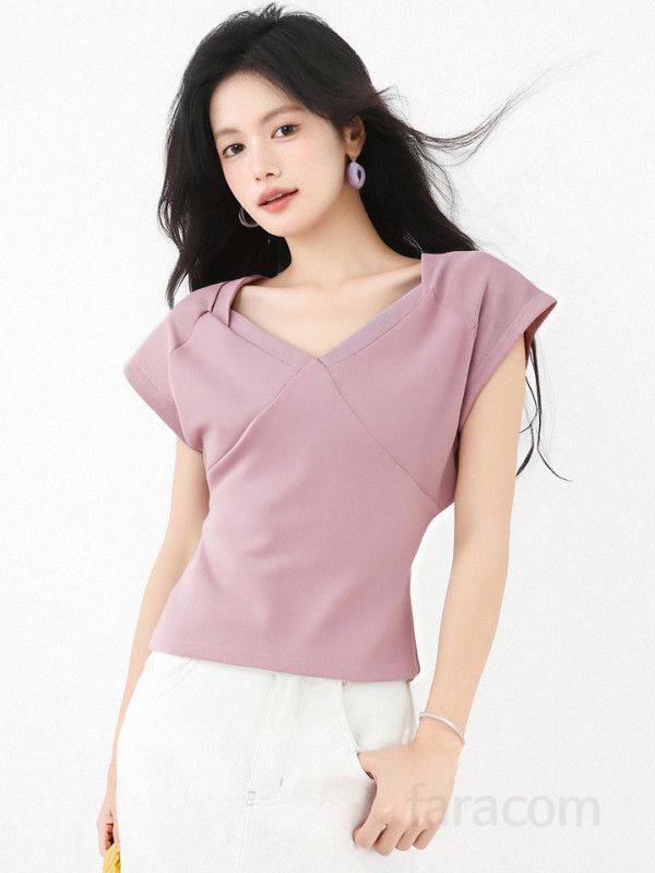 봄 여름 슬림핏 브이넥 반팔 티셔츠 플러터소매 크롭티 데일리룩 페미닌룩 시원한 9847 - 상세 이미지 2