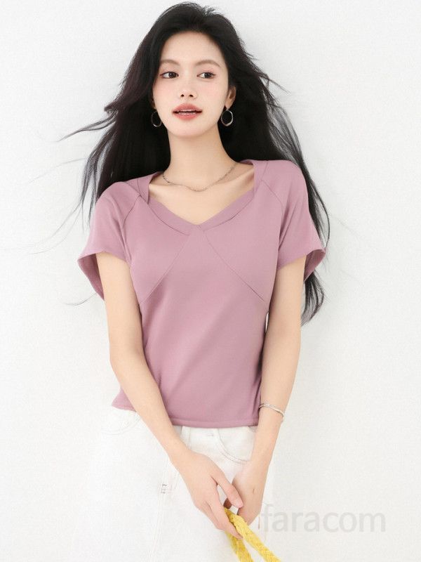 봄 여름 슬림핏 브이넥 반팔 티셔츠 플러터소매 크롭티 데일리룩 페미닌룩 시원한 9847 - 상세 이미지 3