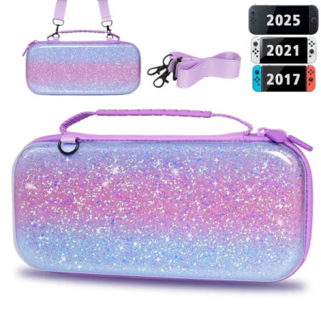[TIKOdirect][해외]스위치 2(2025)/ 스위치/ OLED용 TIKO 다이렉트 휴대용 케이스, 12개의 게임 카드 슬롯과 조절 가능한 어깨 스트랩이 있는 글리터 충격 방지 여행 가방, 보라색