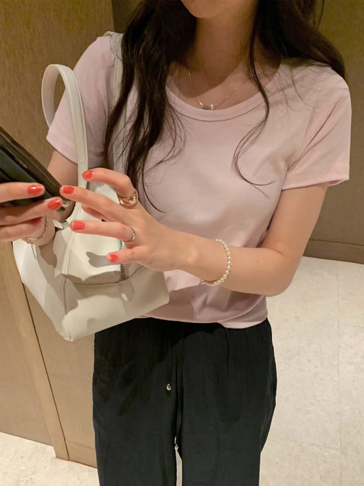 썸머 솔리드 면 스판 U넥 티셔츠 여성 여름 티셔츠 여자 반팔티 세미크롭반팔티 레드 핑크 이미지 6