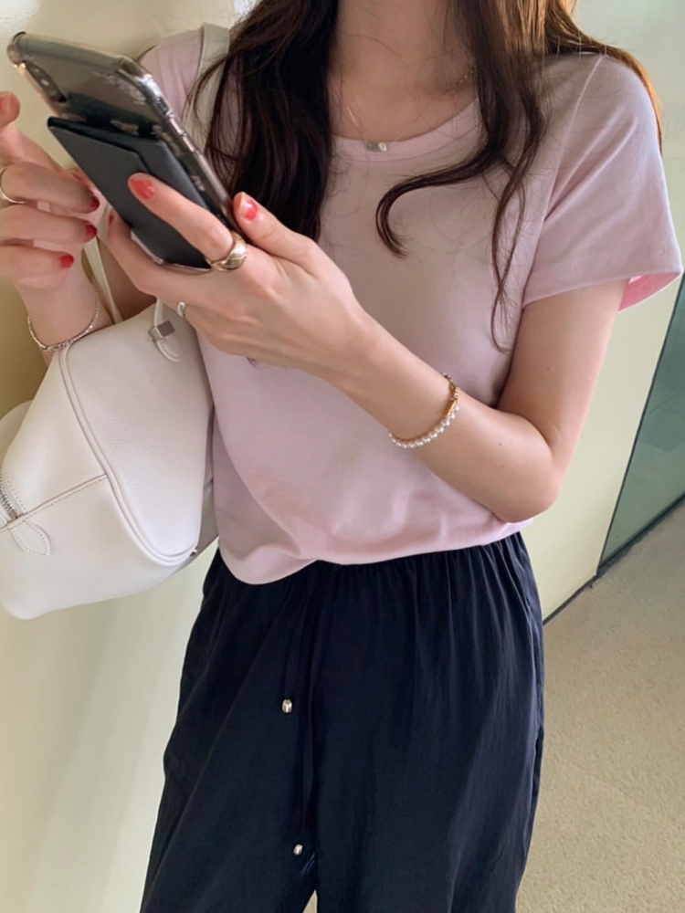 썸머 솔리드 면 스판 U넥 티셔츠 여성 여름 티셔츠 여자 반팔티 세미크롭반팔티 레드 핑크 이미지 8