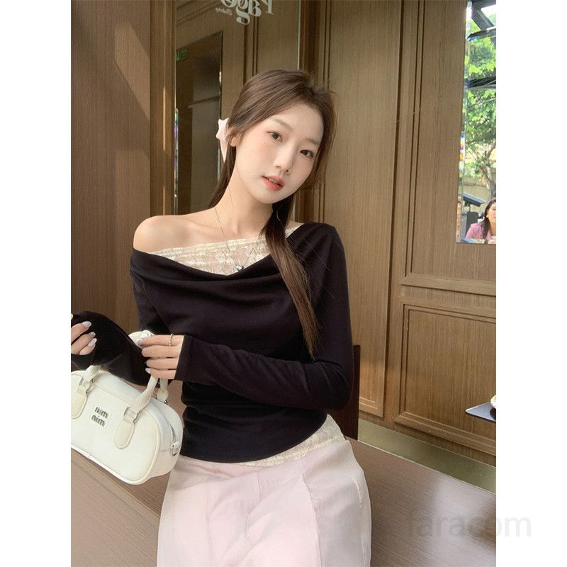 봄 여름 여성 슬림핏 오프숄더 드레이핑 레이스배색 긴팔 티셔츠 비스코스 면혼방 데일리룩 3083 - 상세 이미지 2