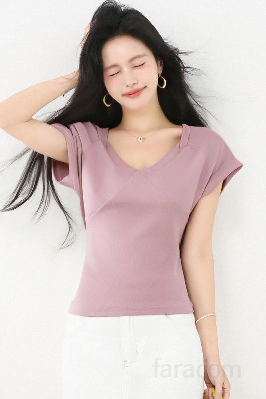 봄 여름 슬림핏 브이넥 반팔 티셔츠 플러터소매 크롭티 데일리룩 페미닌룩 시원한 9847 - 상세 이미지 5