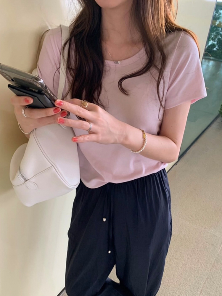 썸머 솔리드 면 스판 U넥 티셔츠 여성 여름 티셔츠 여자 반팔티 세미크롭반팔티 레드 핑크 이미지 7