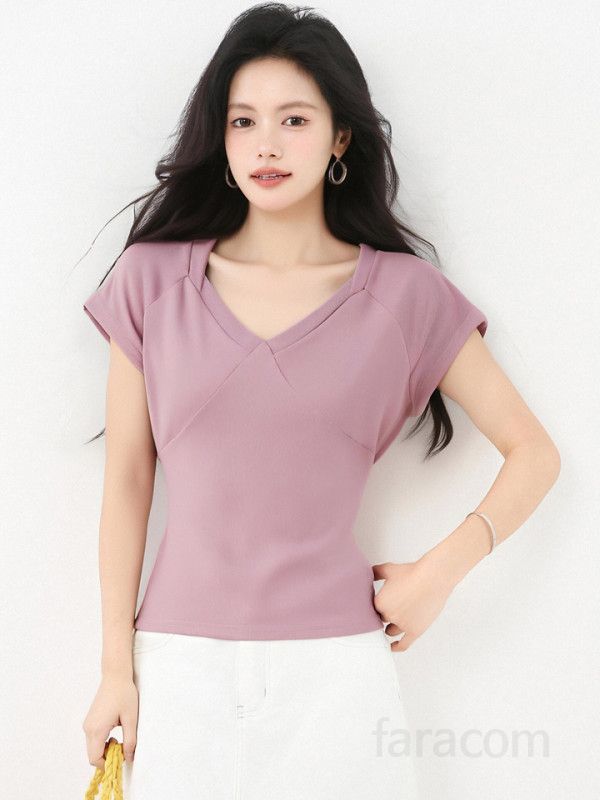 봄 여름 슬림핏 브이넥 반팔 티셔츠 플러터소매 크롭티 데일리룩 페미닌룩 시원한 9847 - 상세 이미지 4