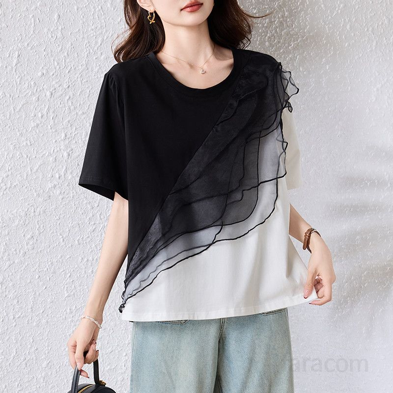 봄 여름 빅사이즈 루즈핏 배색프릴 반팔 티셔츠 쉬폰프릴 라운드넥 데일리룩 체형커버 편안한 9958
