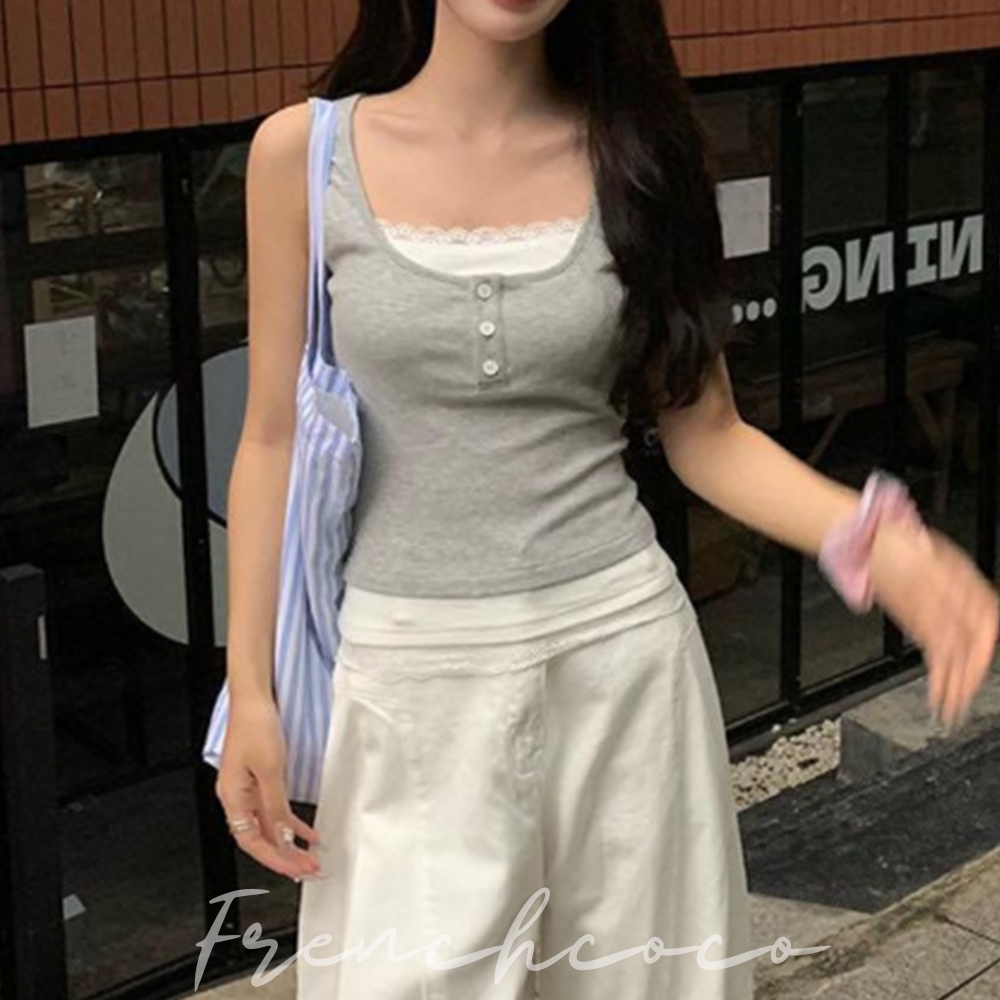 프렌치코코 캡내장 일체형 레이어드 유넥 골지 캡나시 면 끈나시 부유방 승모근 컷팅 나시 - 메인 이미지
