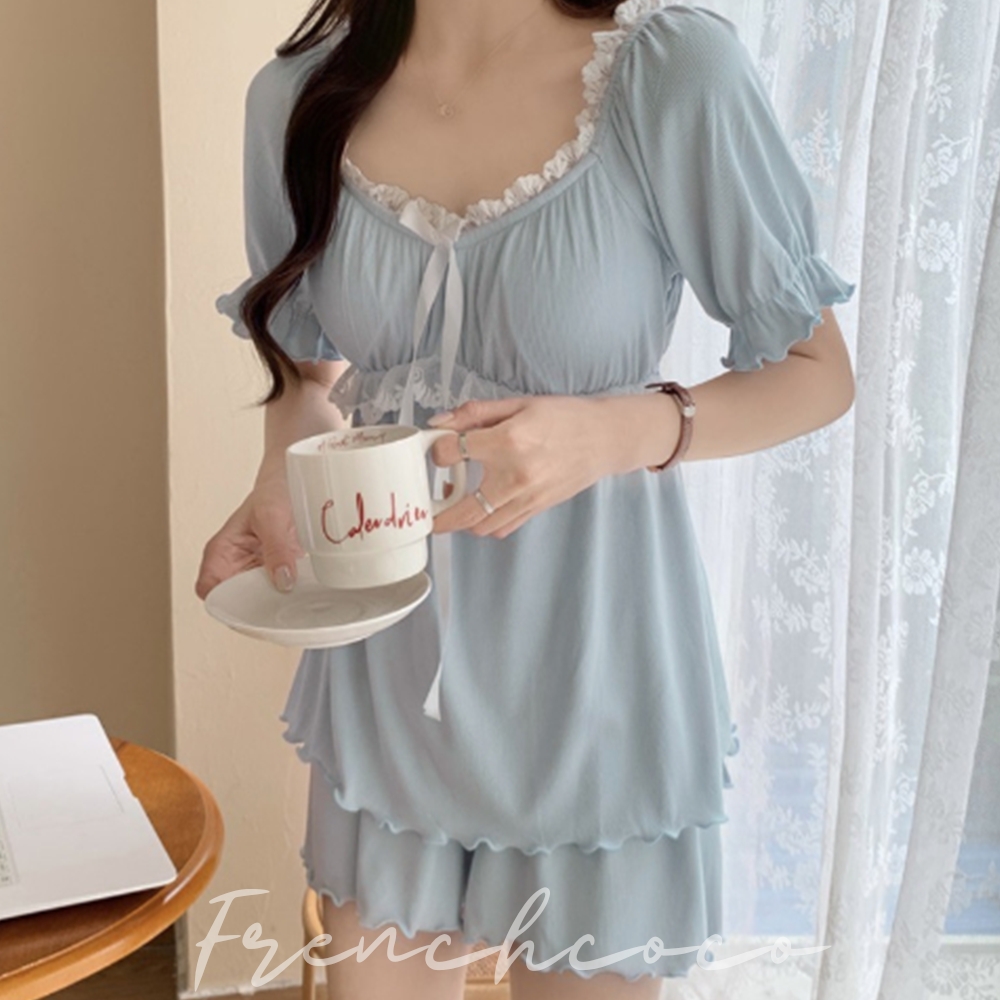 프렌치코코 여름 면 코튼 홈웨어 잠옷 레이스 반팔 파자마 상하세트 리본 셔링 - 상품 이미지