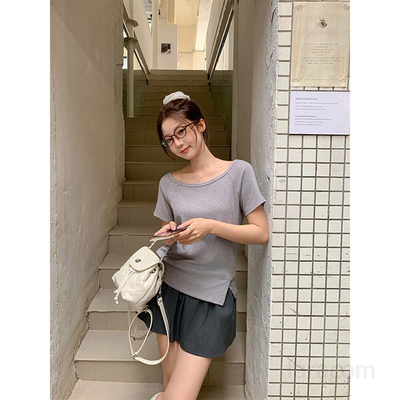 봄 여름 여성 루즈핏 오프숄더 옆트임 무지 반팔 티셔츠 혼방 데일리룩 캐주얼룩 심플티 1675 - 상세 이미지 5