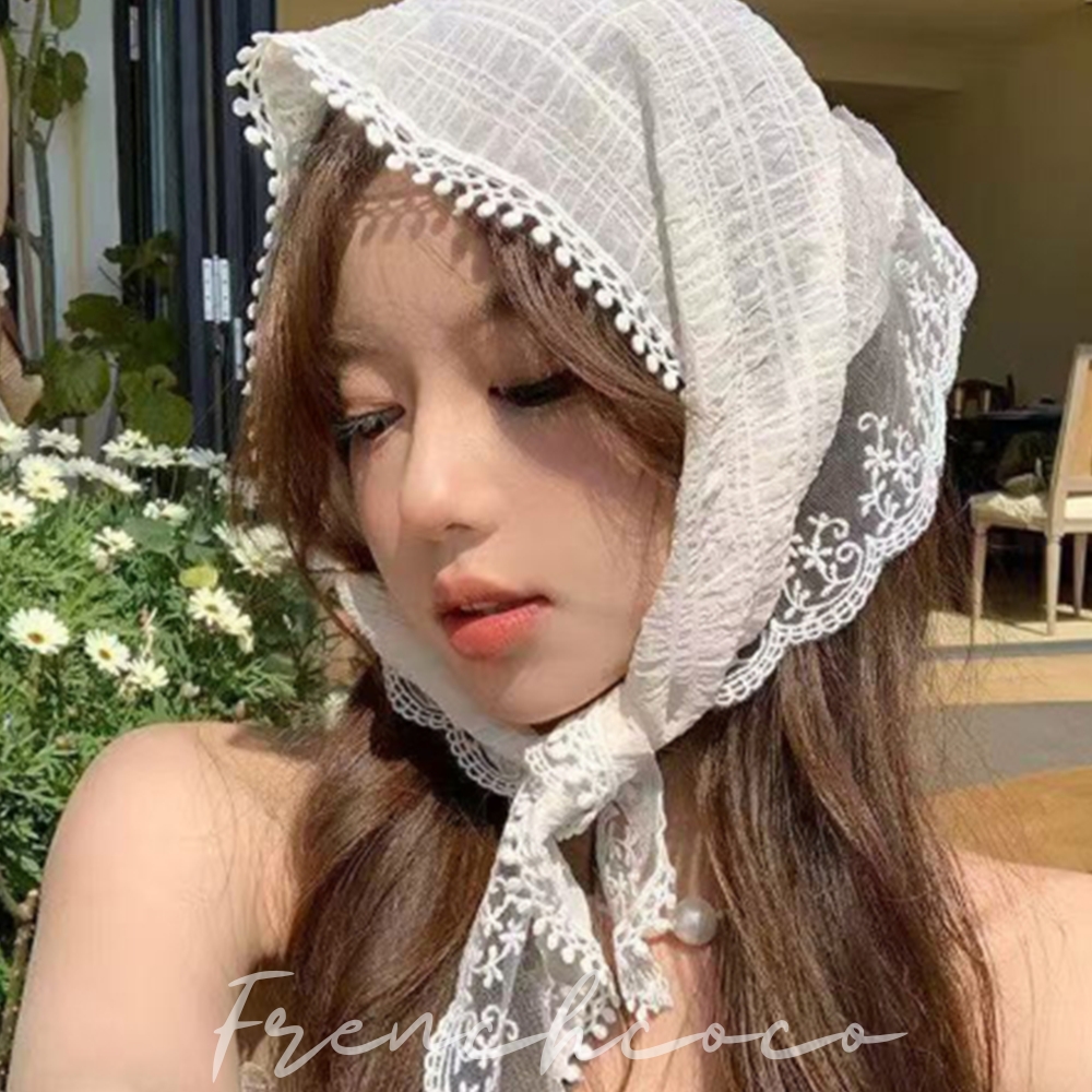 프렌치코코 레이스 헤어커치프 삼각 반다나 두건 보닛햇 스카프 레이어드 - 상품 이미지