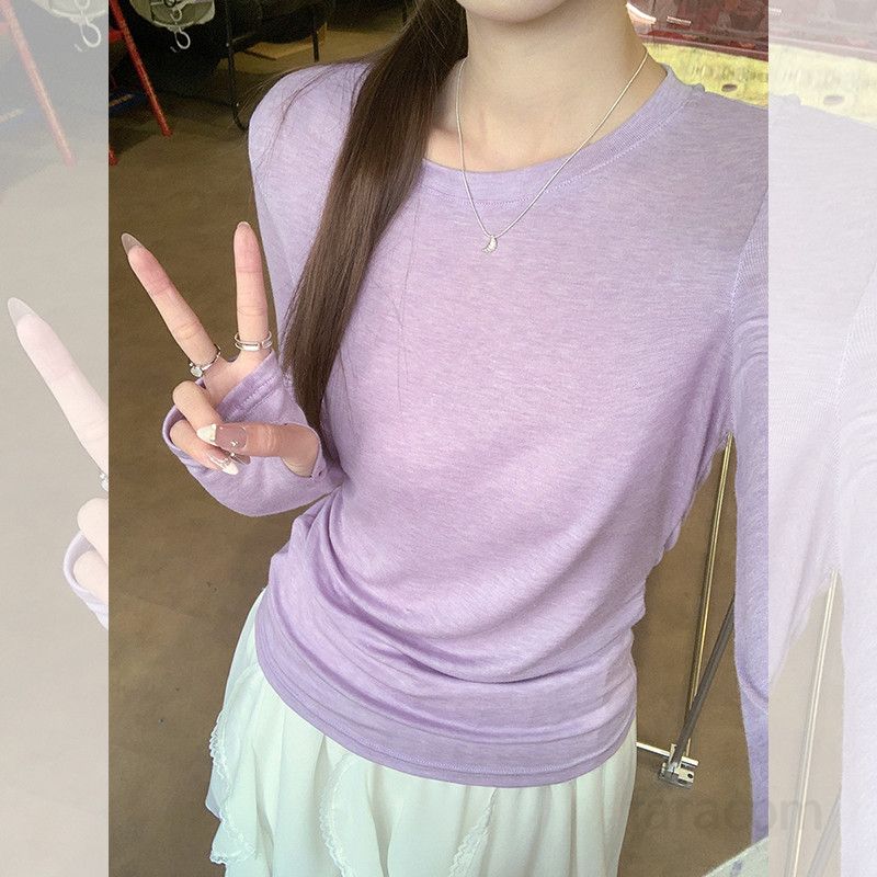 봄 가을 여성 슬림핏 라운드넥 무지 긴팔 티셔츠 텐셀 아크릴 혼방 데일리룩 캐주얼룩 심플티 3081 - 상세 이미지 2
