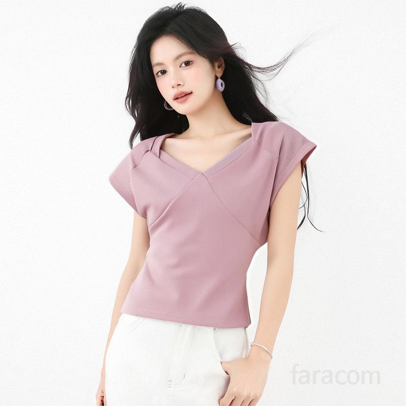 봄 여름 슬림핏 브이넥 반팔 티셔츠 플러터소매 크롭티 데일리룩 페미닌룩 시원한 9847 - 상품 이미지