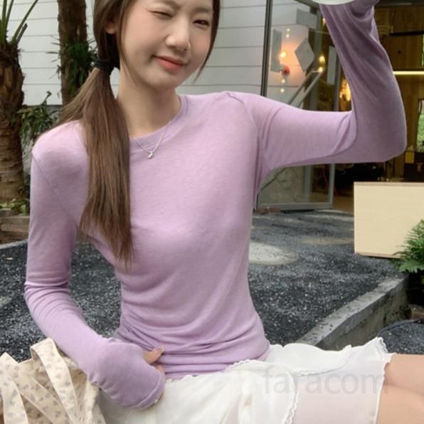 봄 가을 여성 슬림핏 라운드넥 무지 긴팔 티셔츠 텐셀 아크릴 혼방 데일리룩 캐주얼룩 심플티 3081 - 메인 이미지