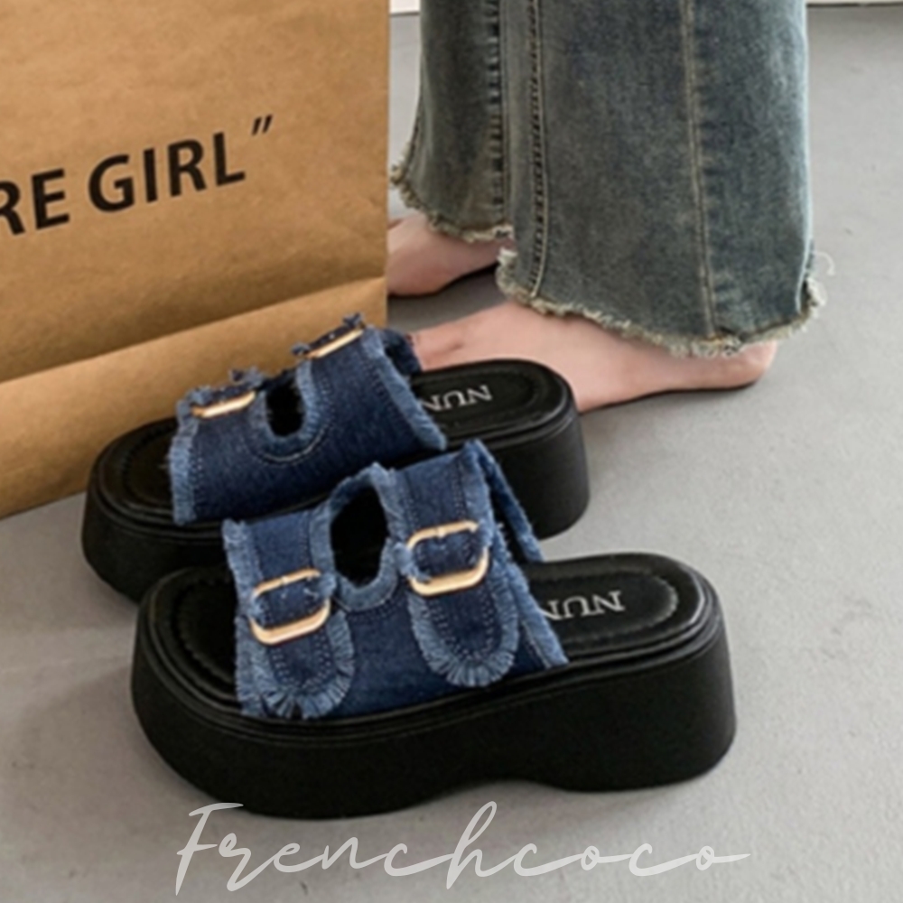 프렌치코코 청키 슬리퍼 굽높은 캐주얼 통굽 버클 여성