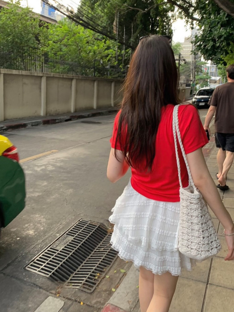 썸머 솔리드 면 스판 U넥 티셔츠 여성 여름 티셔츠 여자 반팔티 세미크롭반팔티 레드 핑크 - 상세 이미지 2