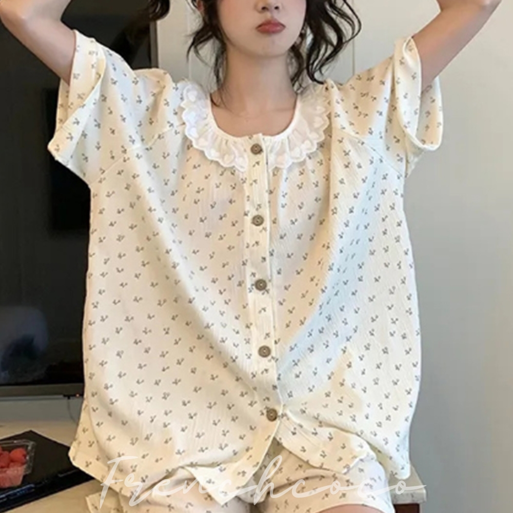 프렌치코코 러블리 파자마 긴팔 반팔 상하세트 레이스 프릴 - 상품 이미지