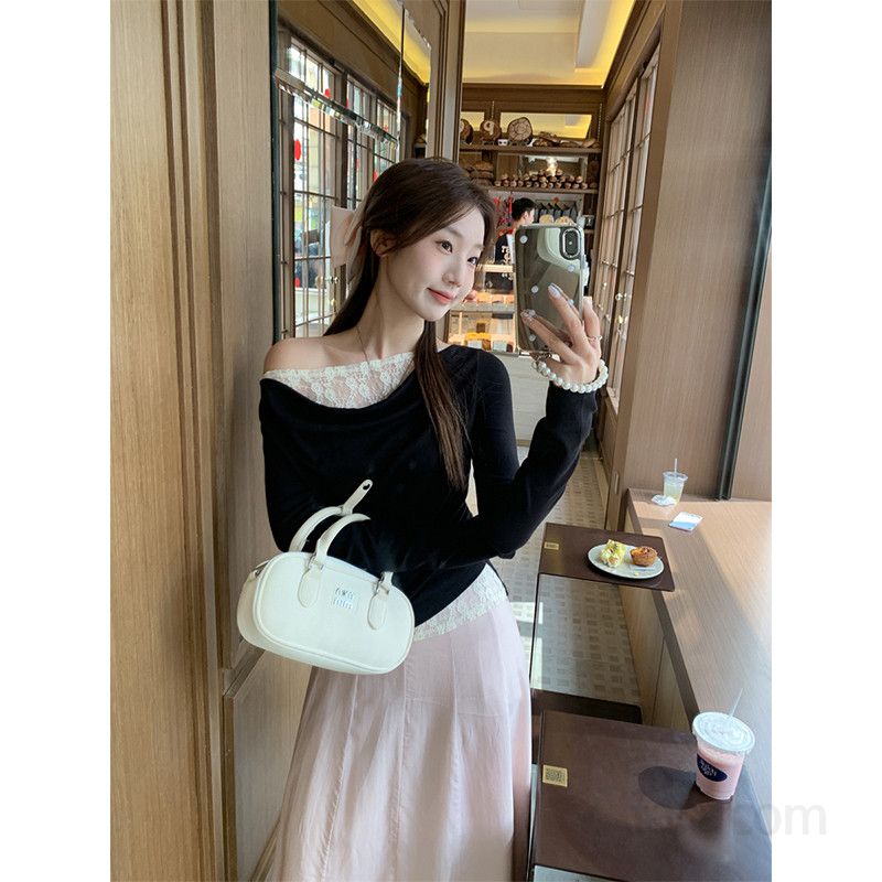 봄 여름 여성 슬림핏 오프숄더 드레이핑 레이스배색 긴팔 티셔츠 비스코스 면혼방 데일리룩 3083 - 상세 이미지 3
