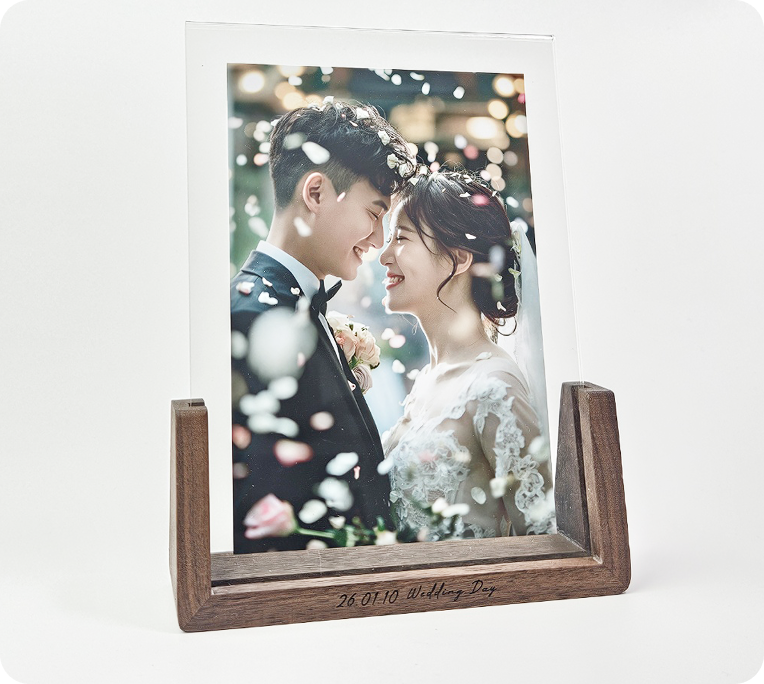나무액자 원목 사진액자 우드 미니 포토테이블 웨딩 청첩장 빈티지 U자형 가로 각인 중앙