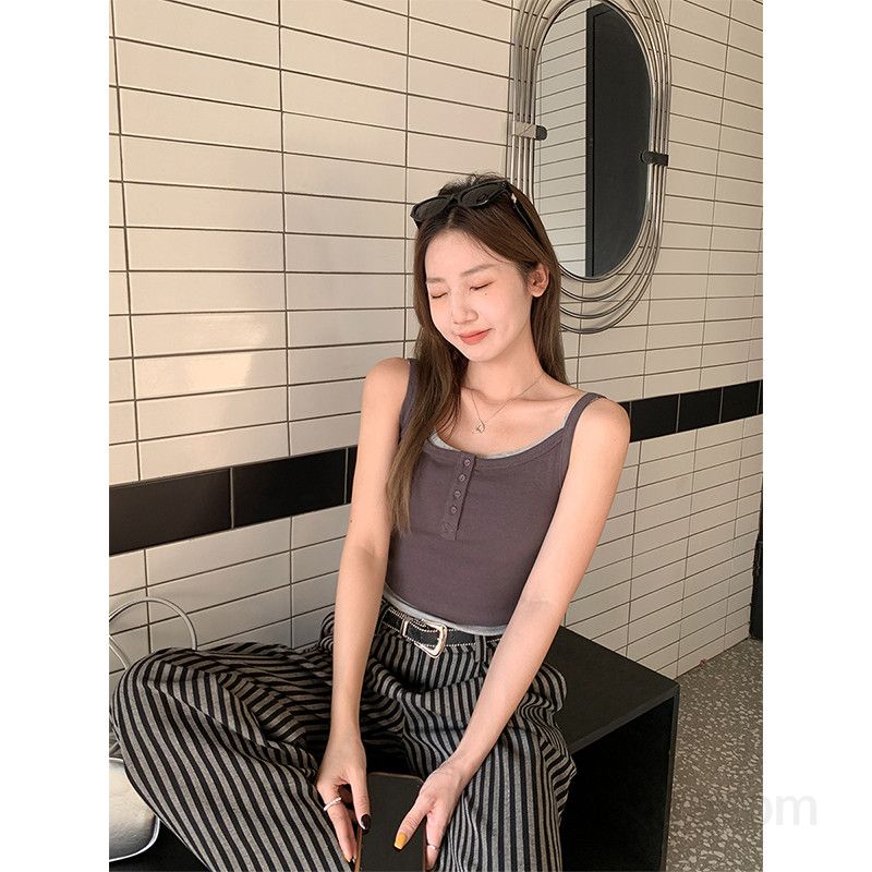봄 여름 여성 슬림핏 U넥 페이크레이어드 버튼 배색 크롭 민소매 나시 티셔츠 면혼방 0906 - 상세 이미지 3