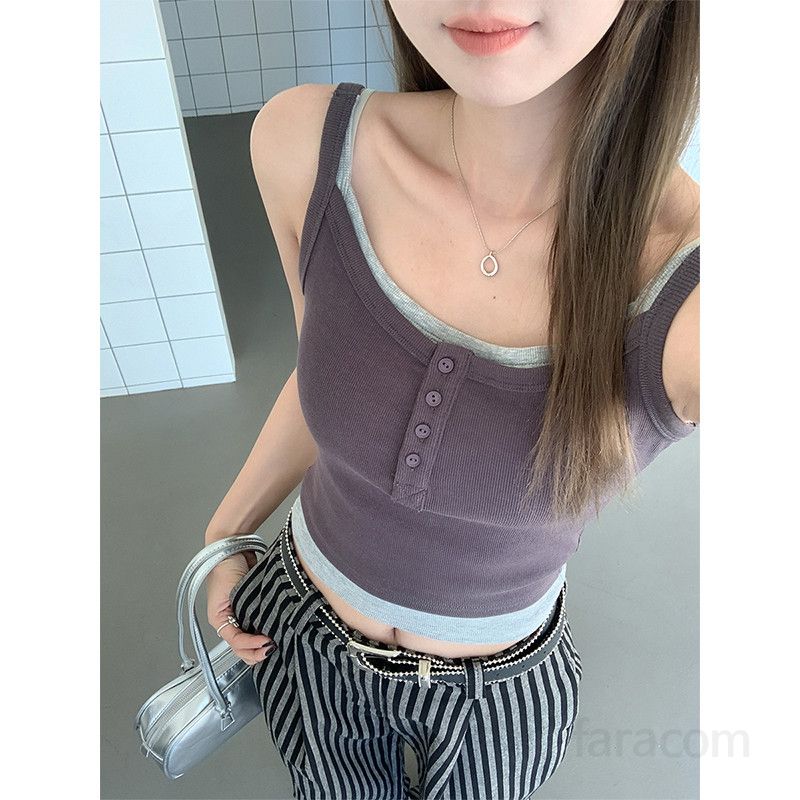 봄 여름 여성 슬림핏 U넥 페이크레이어드 버튼 배색 크롭 민소매 나시 티셔츠 면혼방 0906 - 상세 이미지 2