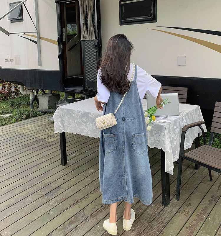멜빵 청치마 라이트블루 데님 스커트 대형 빅사이즈 루즈핏 여름 임산부 롱원피스 - 상세 이미지 4