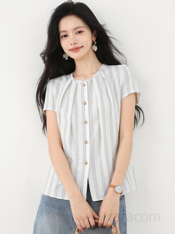 봄 여름 루즈핏 스트라이프 반팔 블라우스 핀턱주름 라운드넥 데일리룩 캐주얼룩 시원한 9867 - 상세 이미지 3