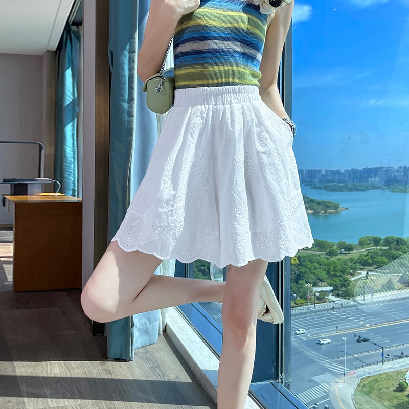 밴딩 레이스펀칭 반바지 밑단물결포인트 얇은 캐주얼 하이웨스트 속바지포함 여름 베이지 화이트 - 상세 이미지 2