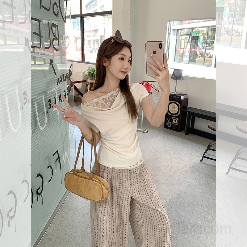 봄 여름 여성 슬림핏 사선넥 드레이핑 레이스배색 반팔 티셔츠 비스코스 페미닌 1687 - 상세 이미지 5