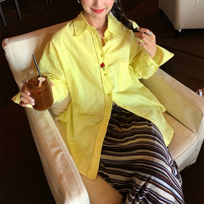 비즈포인트 면린넨 긴팔셔츠 루즈핏 노란색 봄여름 얇은 스타일 캐주얼 디자인 - 상품 이미지