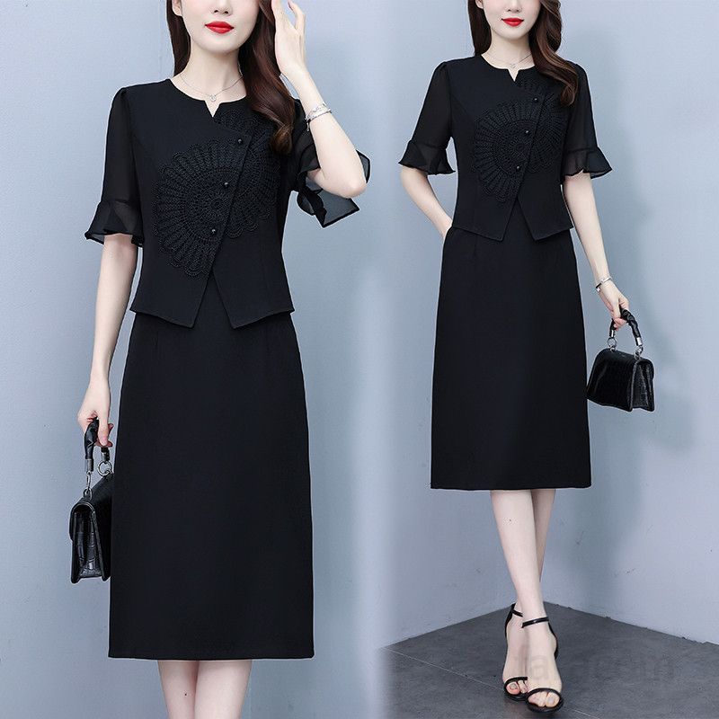 블랙 레이스 배색 라운드넥 반팔 미디 A라인원피스 슬림핏 빅사이즈 여름 룩 하객룩 8157 - 상품 이미지