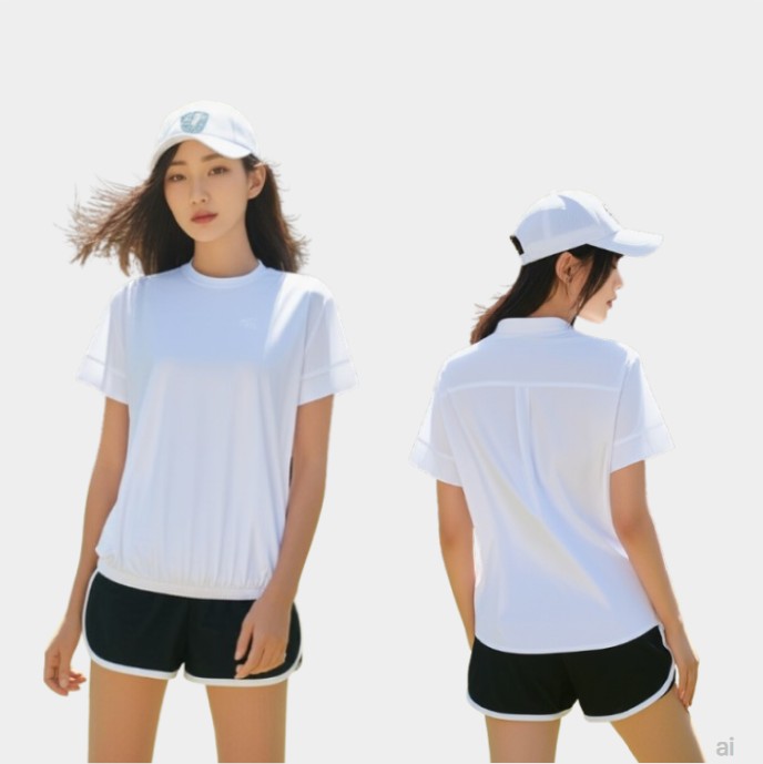 팬텀 FANTOM 여성 여름 우븐 믹스형 루즈핏 스타일 골프웨어 라운드 반팔 티셔츠 - 상품 이미지
