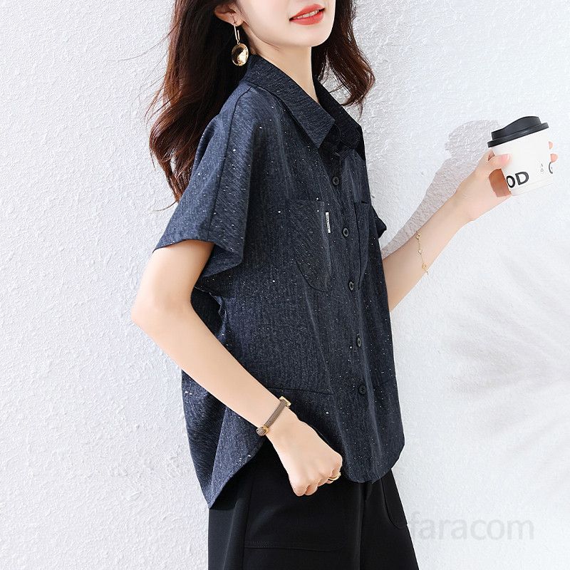 여름 여성 루즈핏 카라 반팔 블라우스 박쥐소매 폴리 룩 데일리룩 빅사이즈 반짝이셔츠 7001 - 상세 이미지 2