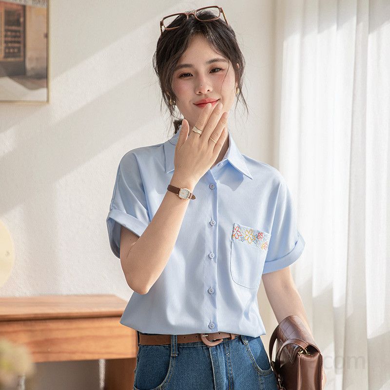 봄 여름 슬림핏 꽃자수 반팔 셔츠 브이넥 블라우스 데일리룩 룩 출근룩 깔끔한 1990 - 상세 이미지 2