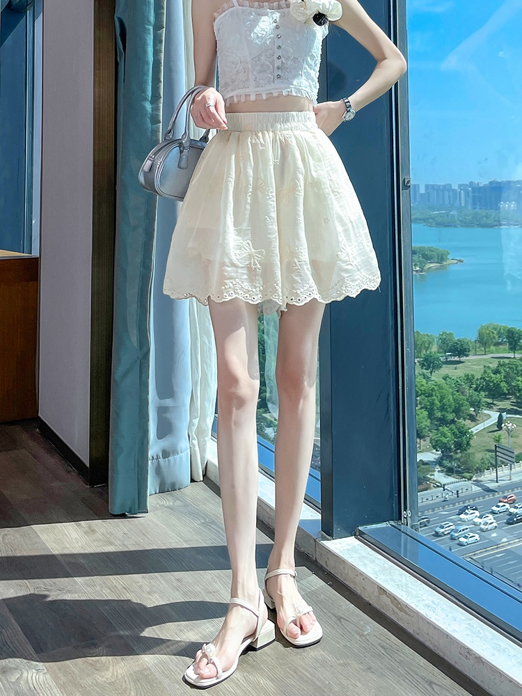 밴딩 레이스펀칭 반바지 밑단물결포인트 얇은 캐주얼 하이웨스트 속바지포함 여름 베이지 화이트 - 상세 이미지 3