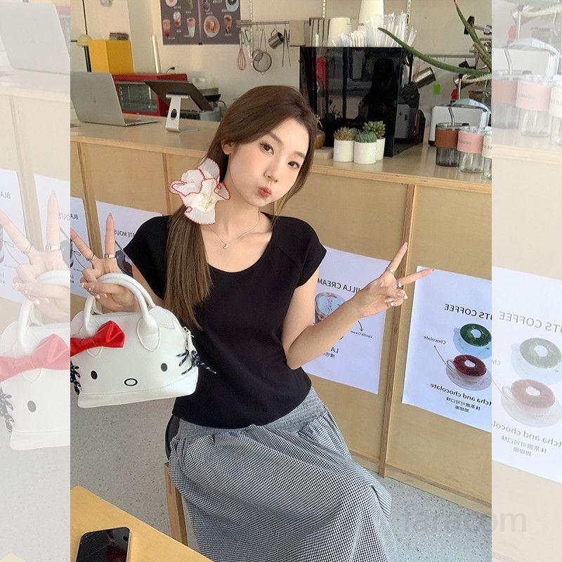 봄 여름 여성 슬림핏 라운드넥 나그랑 무지 반팔 티셔츠 면스판 데일리룩 캐주얼룩 베이직티 1752 - 상세 이미지 2