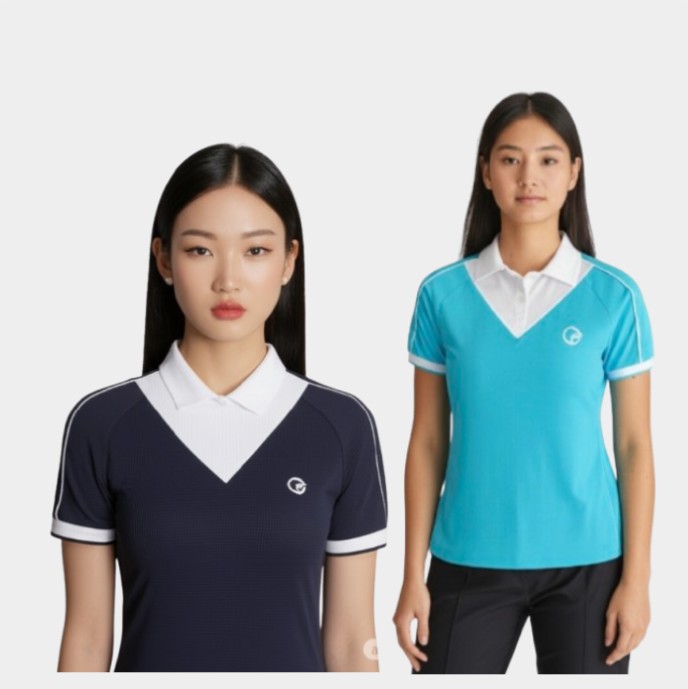팬텀 FANTOM 여성 여름 아이스 냉감 배색 브이 카라넥 골프룩 골프웨어 반팔티셔츠 - 상품 이미지