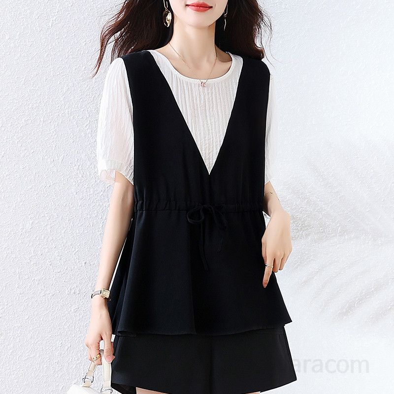 여름 여성 루즈핏 페이크레이어드 배색 반팔 블라우스 폴리 허리스트링 룩 빅사이즈 6599 - 상세 이미지 2