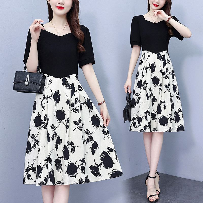 여름 여성 빅사이즈 브이넥 플라워 패턴 허리 스트랩 A라인 미디 롱원피스 룩 하객룩 8115 - 상품 이미지