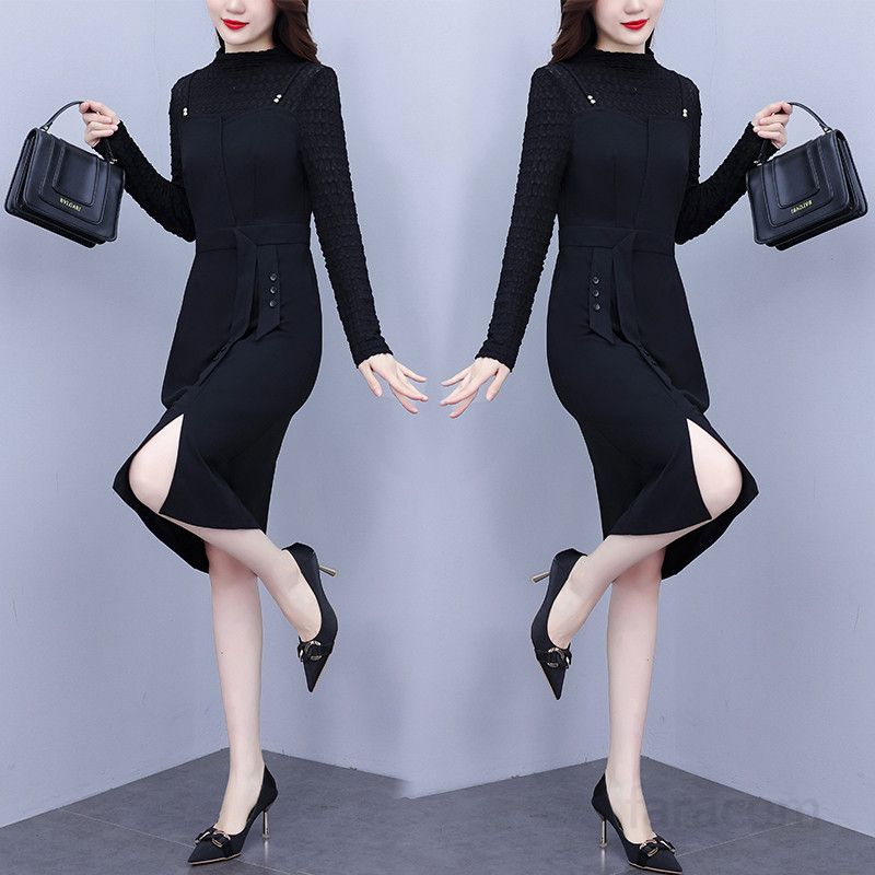 블랙 레이스 긴팔 미디 H라인원피스 슬림핏 빅사이즈 밑단트임 봄가을 룩 하객룩 8098