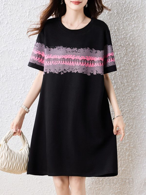 봄 여름 빅사이즈 루즈핏 반팔원피스 라운드넥 배색패턴 데일리룩 체형커버 편안한 폴리소재 9972 - 상품 이미지