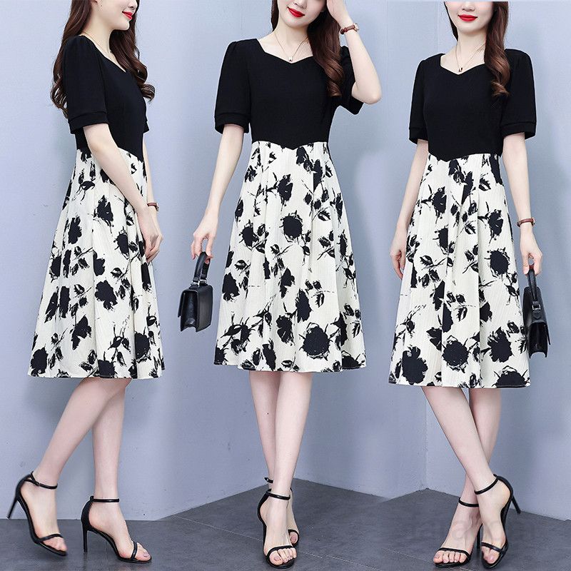 여름 여성 빅사이즈 브이넥 플라워 패턴 허리 스트랩 A라인 미디 롱원피스 룩 하객룩 8115 - 상세 이미지 2