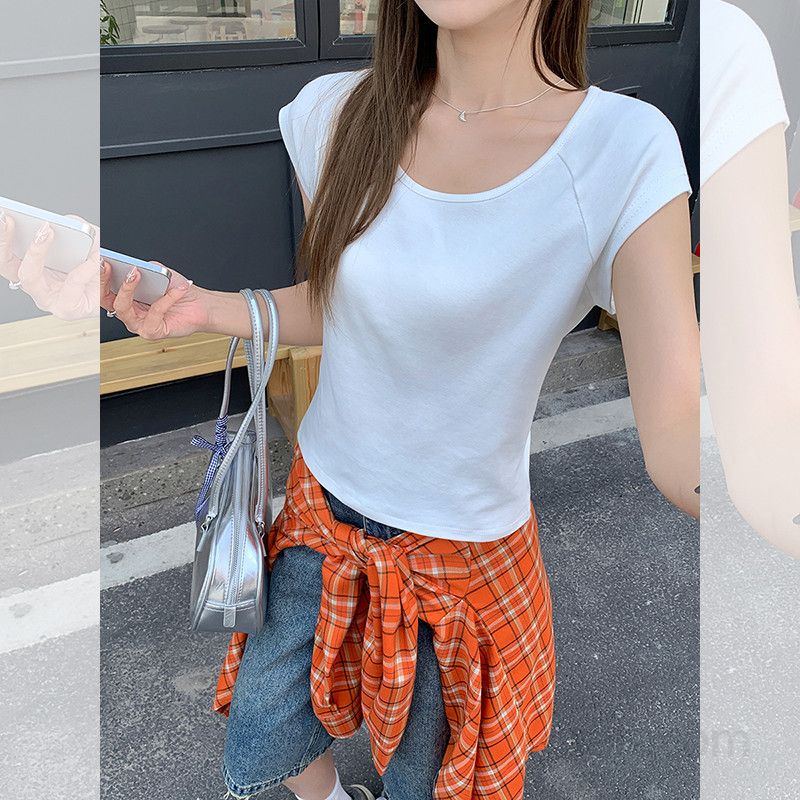 봄 여름 여성 슬림핏 라운드넥 나그랑 무지 반팔 티셔츠 면스판 데일리룩 캐주얼룩 베이직 1752 - 상세 이미지 3