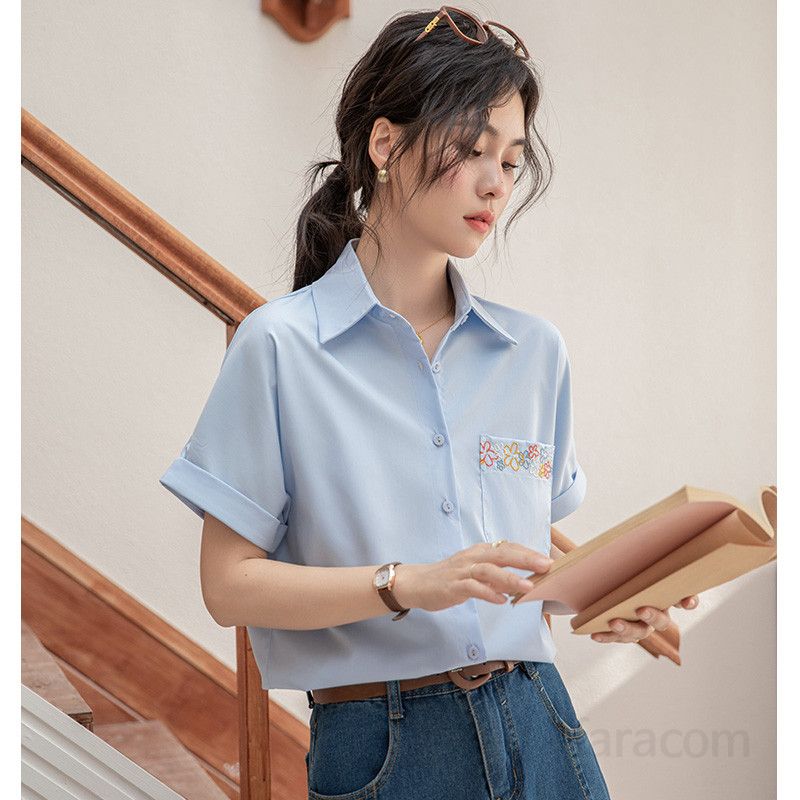 봄 여름 슬림핏 꽃자수 반팔 셔츠 브이넥 블라우스 데일리룩 룩 출근룩 깔끔한 1990 - 상세 이미지 3