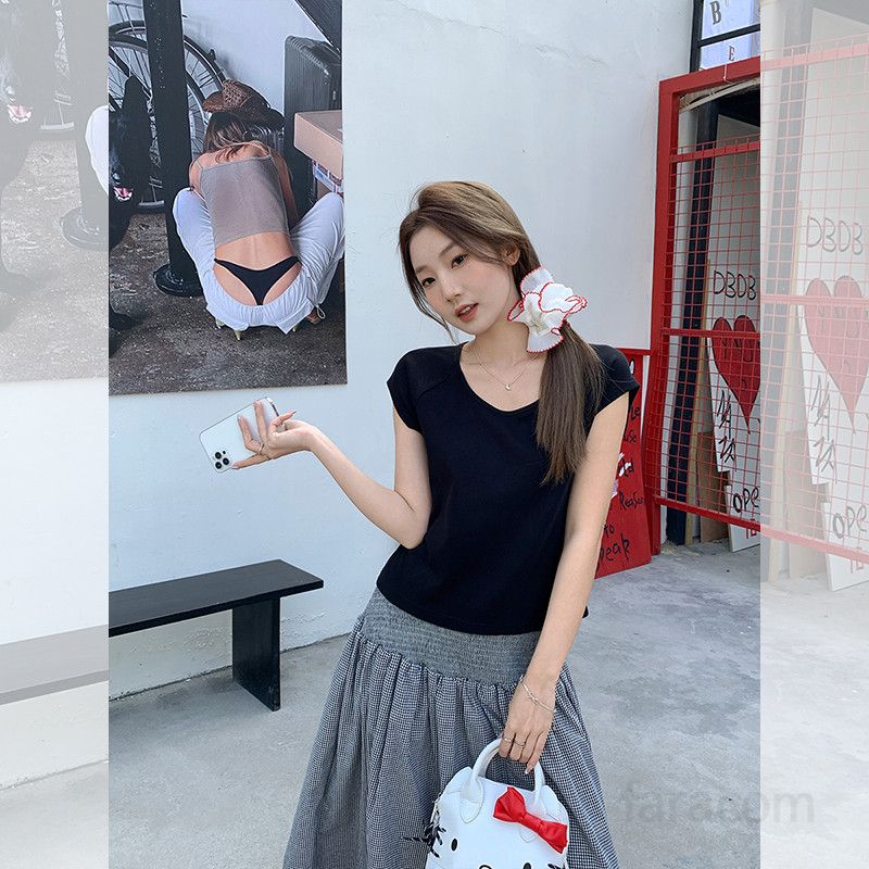 봄 여름 여성 슬림핏 라운드넥 나그랑 무지 반팔 티셔츠 면스판 데일리룩 캐주얼룩 베이직티 1752 - 상세 이미지 3
