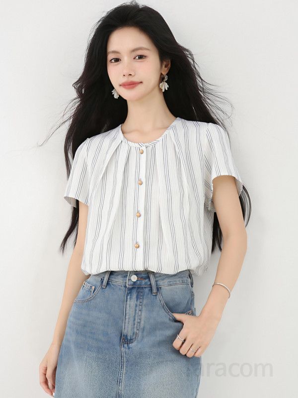 봄 여름 루즈핏 스트라이프 반팔 블라우스 핀턱주름 라운드넥 데일리룩 캐주얼룩 시원한 9867 - 상세 이미지 4