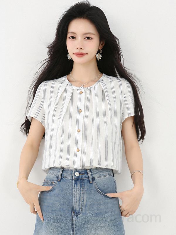 봄 여름 루즈핏 스트라이프 반팔 블라우스 핀턱주름 라운드넥 데일리룩 캐주얼룩 시원한 9867 - 상세 이미지 2