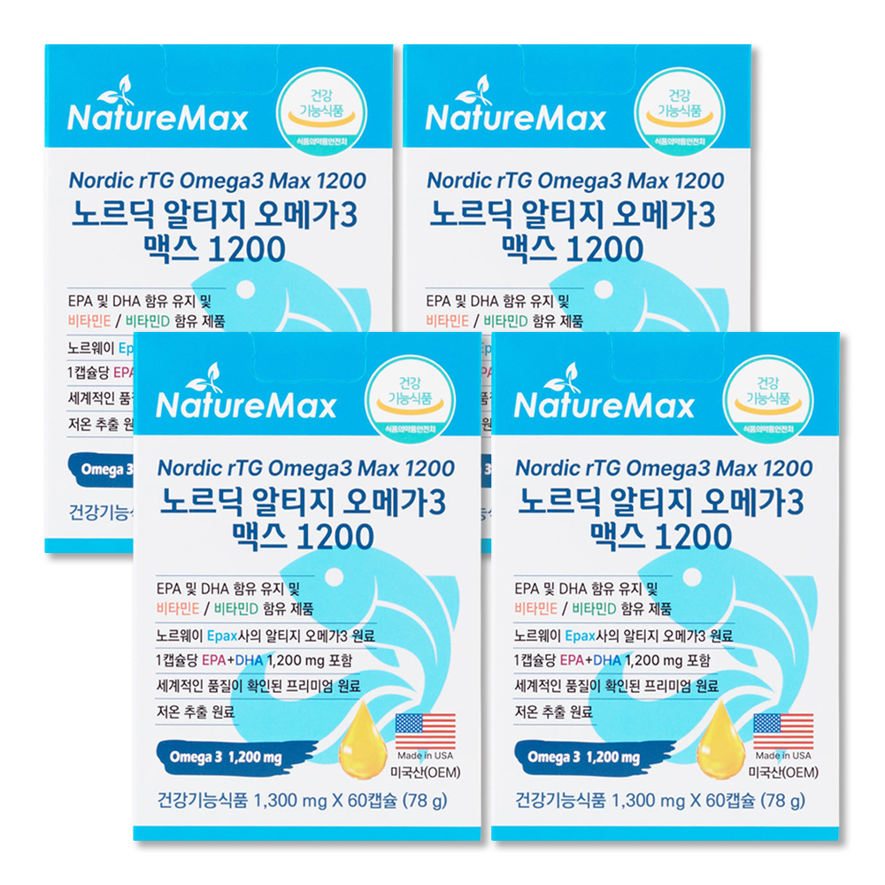 [8개월] 고함량 알티지 오메가3 1200 비타민 D E 피쉬오일 동물성 피쉬오일 60캡슐, 4개 - 상품 이미지