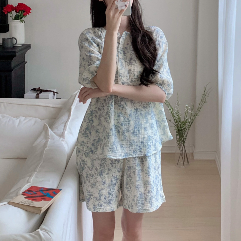 요루면잠옷 순면잠옷 파자마반바지 여름 뜨왈 반팔 홈웨어 세트 - 상세 이미지 2