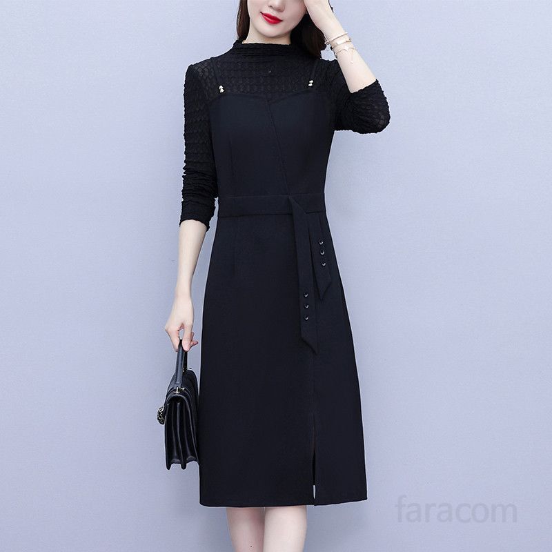 블랙 레이스 긴팔 미디 H라인원피스 슬림핏 빅사이즈 밑단트임 봄가을 룩 하객룩 8098