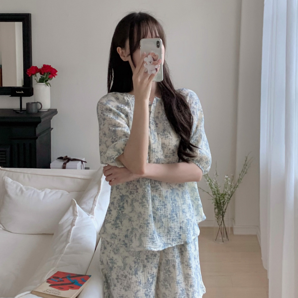요루면잠옷 순면잠옷 파자마반바지 여름 뜨왈 반팔 홈웨어 세트 - 상세 이미지 3
